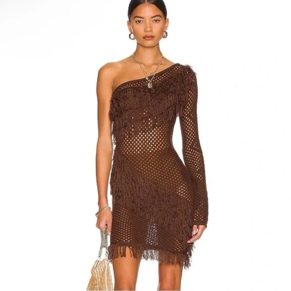 Tularosa Brown Knit One Shoulder Fringe Mini Dress Revolve Boho Festival XS - Picture 2 of 11